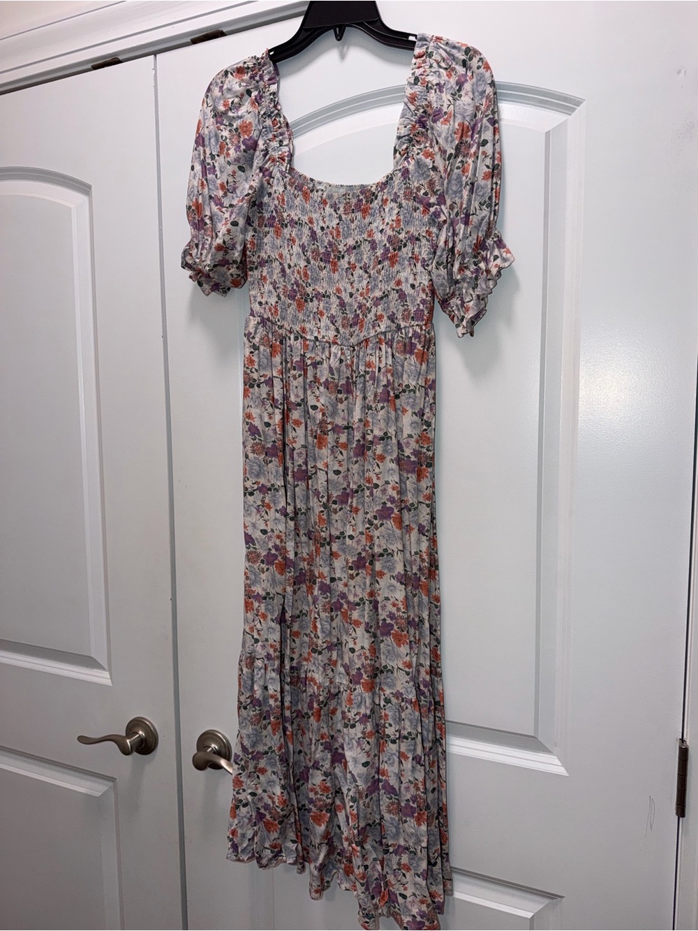 Floral Puff-Sleeve Maxi Dress in Lavender and Peach